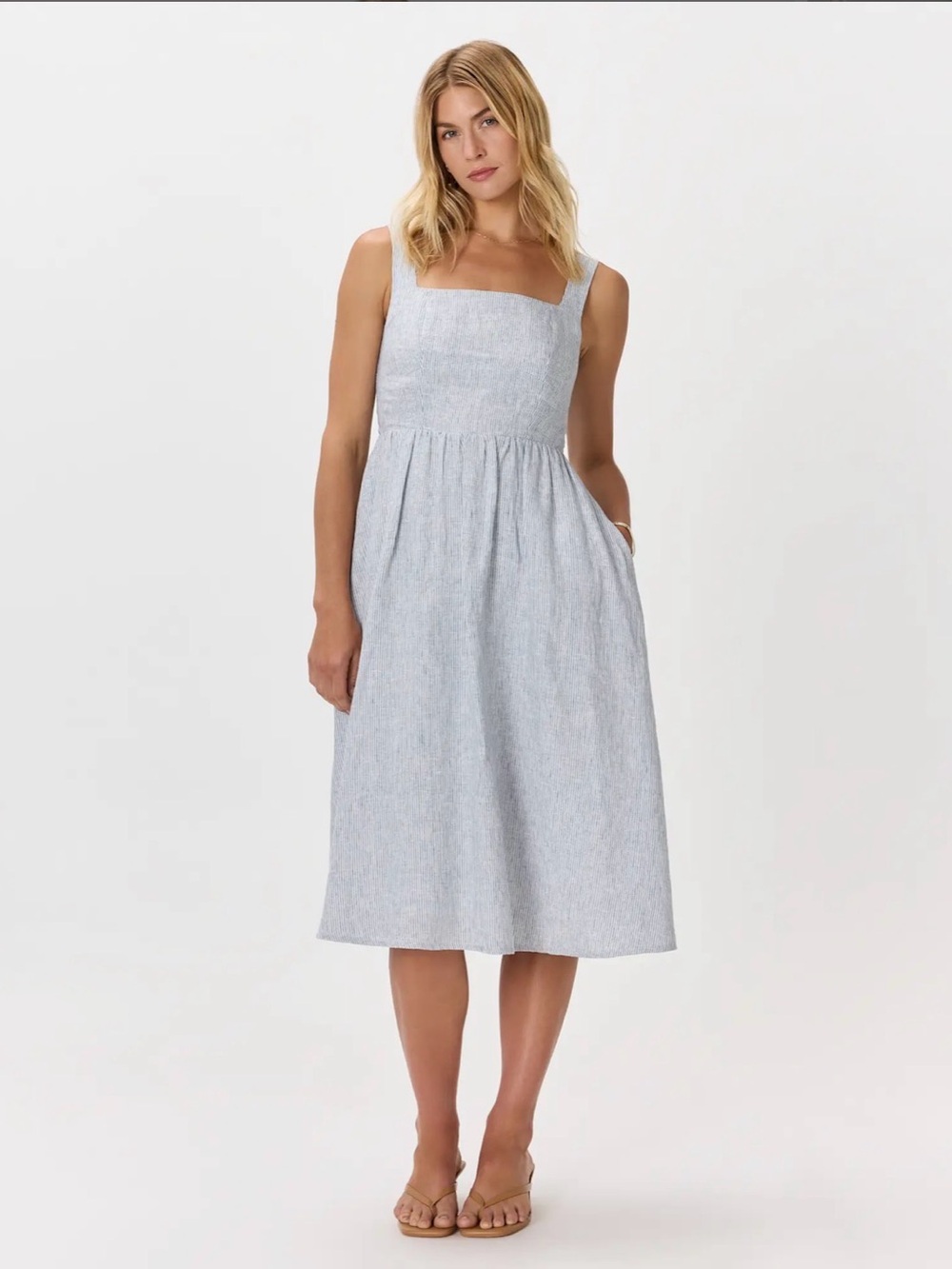 Quince 100% European Linen Fit and Flare Midi Dress Blue Pinstripe